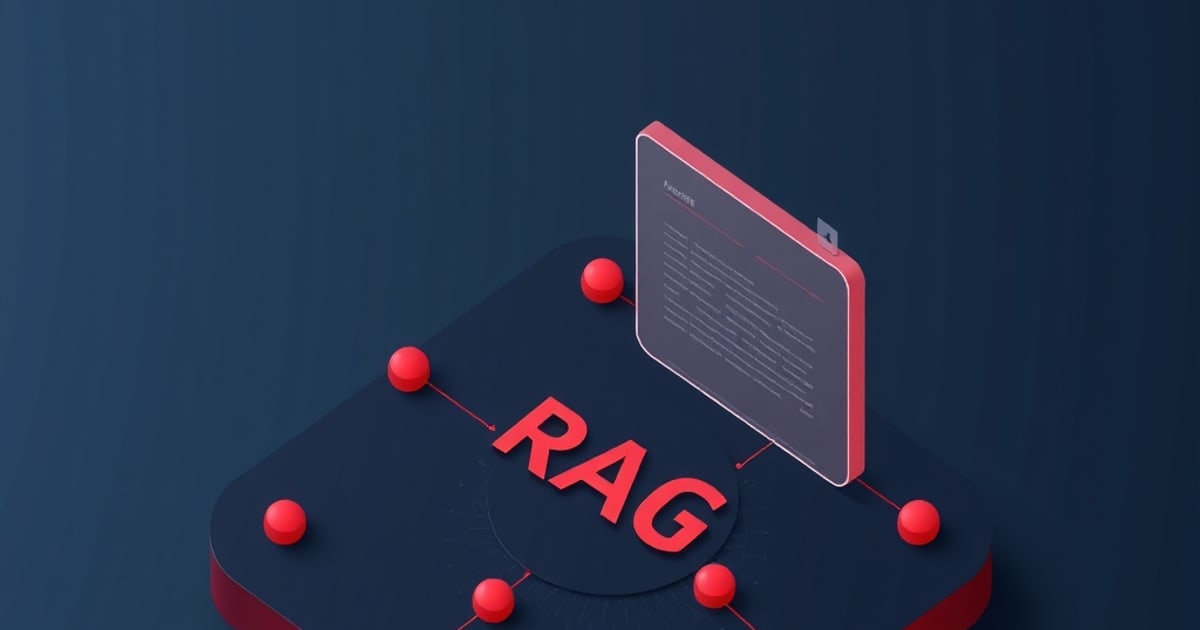 Isometric illustration of retrieved documents flowing into an LLM context with a moderation gate blocking injected prompts